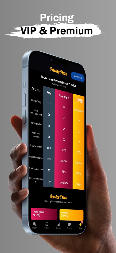 Pro Crypto Signals app pricing comparison chart showing Free Premium and VIP membership tiers