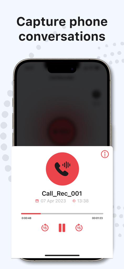 Phone Call Recorder, Recording - Playback interface of a phone call recording app on a smartphone