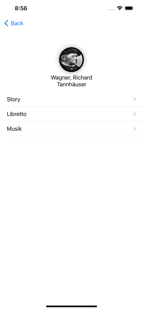 Oper online - Capture d'écran de l'application Oper online montrant le menu de l'opéra Tannhäuser de Richard Wagner avec des options pour l'histoire, le livret et la musique.