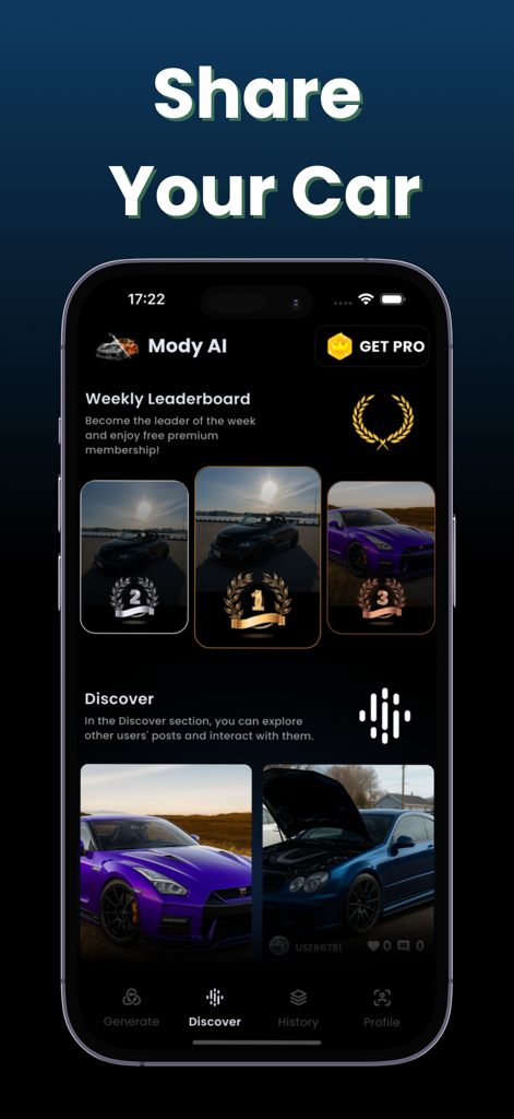 Mody : AI Car Modifications - Ecrã Discover da aplicação Mody AI mostrando um quadro de líderes semanal de carros modificados e um feed da comunidade de designs automotivos.
