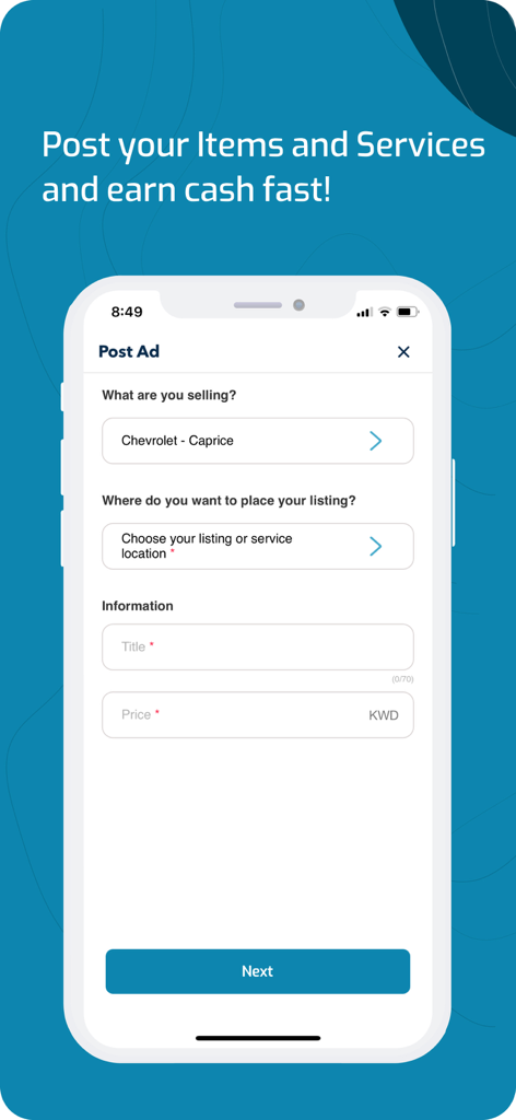 Q8Car - Q8Car app interface for posting a vehicle advertisement with fields for title and price in KWD