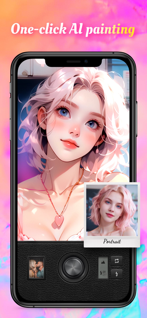 Magic Cam - Face Photo Editor - Magic Cam app interface showing a real portrait photo transformed into a stylized AI painting with one click.