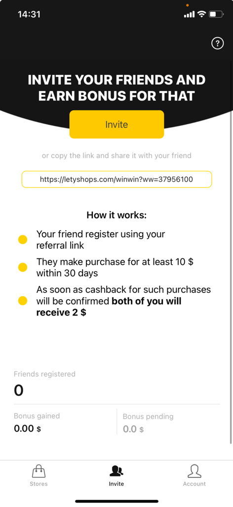 LetyShops referral program screen where users can invite friends and earn cashback bonuses
