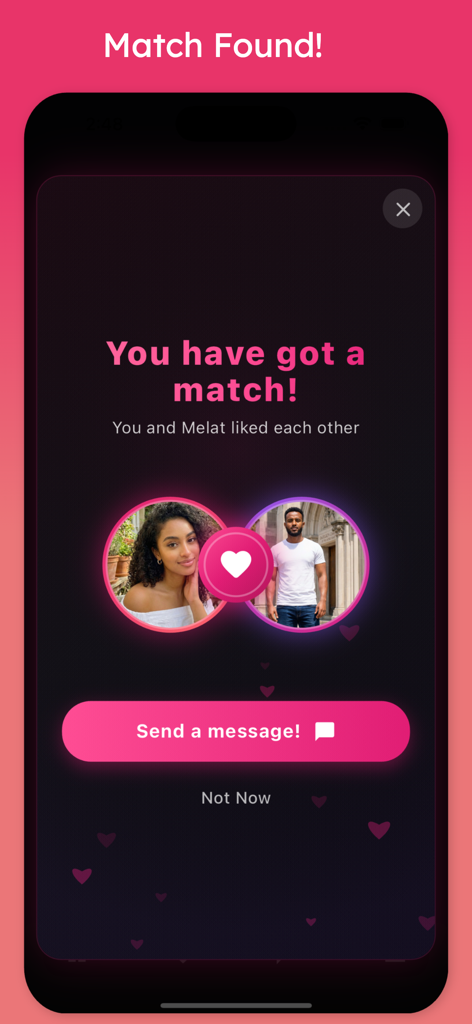 Gojo Ethiopian Dating App - Gojo dating app screen showing a match found between two Ethiopian singles with a prompt to send a message.