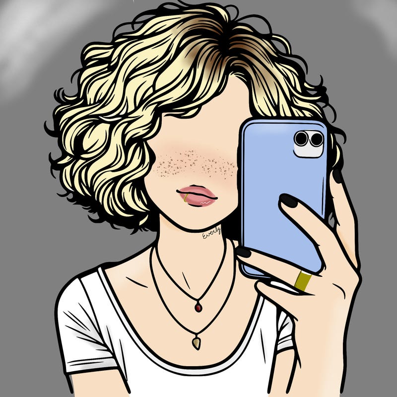 realistic girl with short frizzy hair holding a phone in front of her face