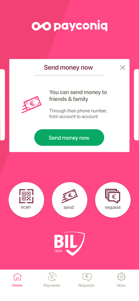 Tela do aplicativo BIL Payconiq para enviar dinheiro para amigos e familiares por número de telefone