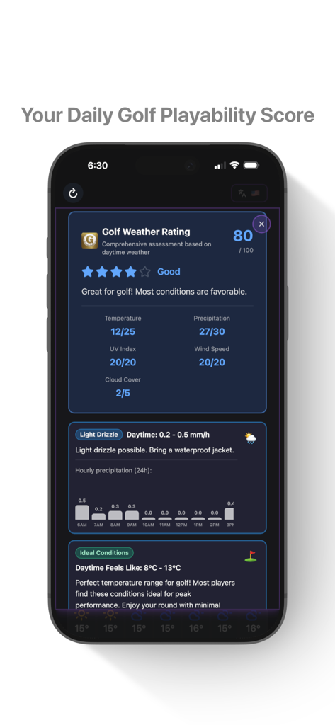 Golf Weather Pro – 30D - Golf Weather Pro app interface showing daily playability score and weather conditions for golf