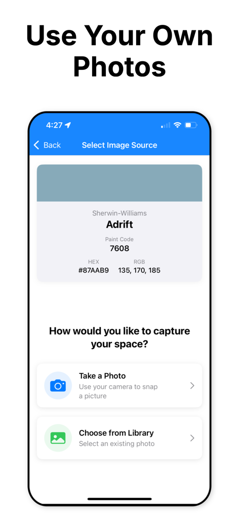 Paint Color Visualizer - Mobile screen showing options to take a photo or select from library for room paint visualization.
