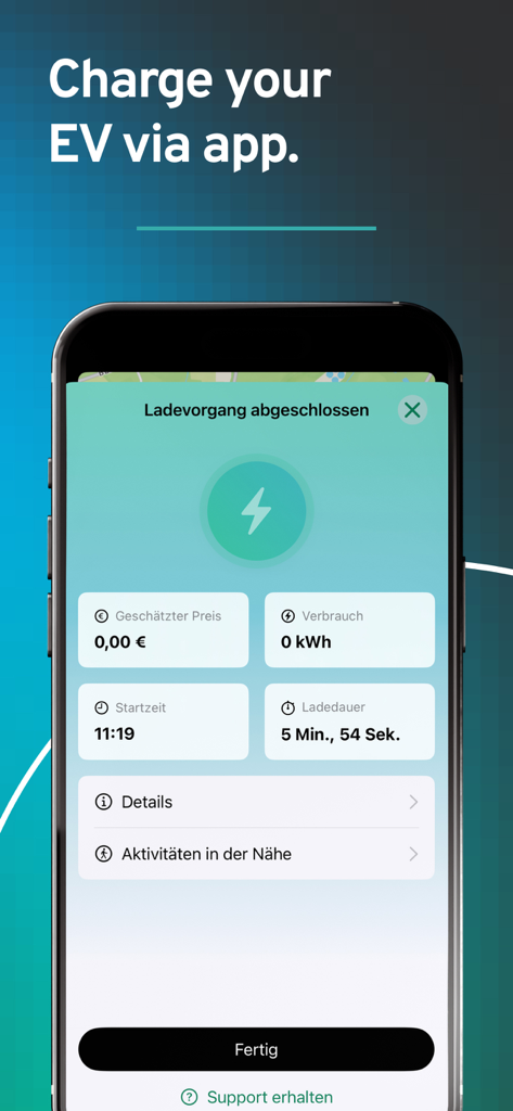 ladeapp – EV charging stations - A smartphone screen displaying a completed electric vehicle charging session summary with price and duration