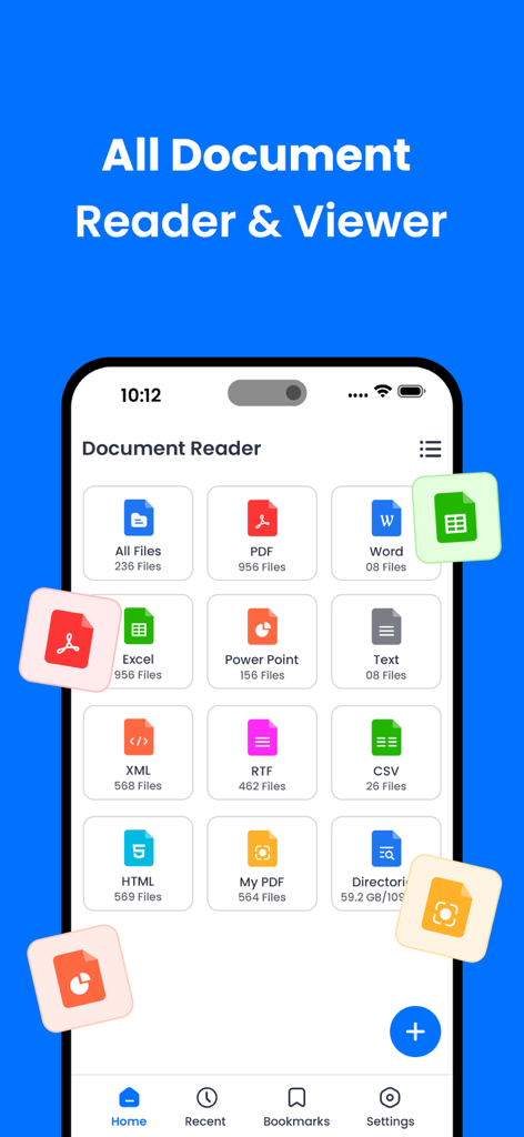 Universal File Reader - Main interface of the Universal File Reader app displaying various document categories like PDF Word and Excel on an iPhone screen