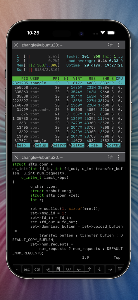 TermBean - SSH SFTP Client - TermBean app interface showing a split terminal with system monitoring and a code editor on an iPhone