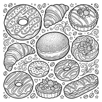 Dive into a delightful collection of scrumptious doughnuts, flaky croissants, and decadent pastries, all waiting for your artistic touch. This sweet coloring page offers endless opportunities to bring your favorite baked goods to life with vibrant colors and creative flair.