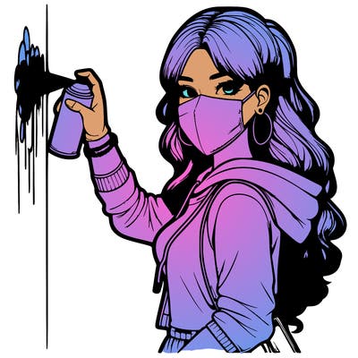 realistic girl with mask spray painting a wall