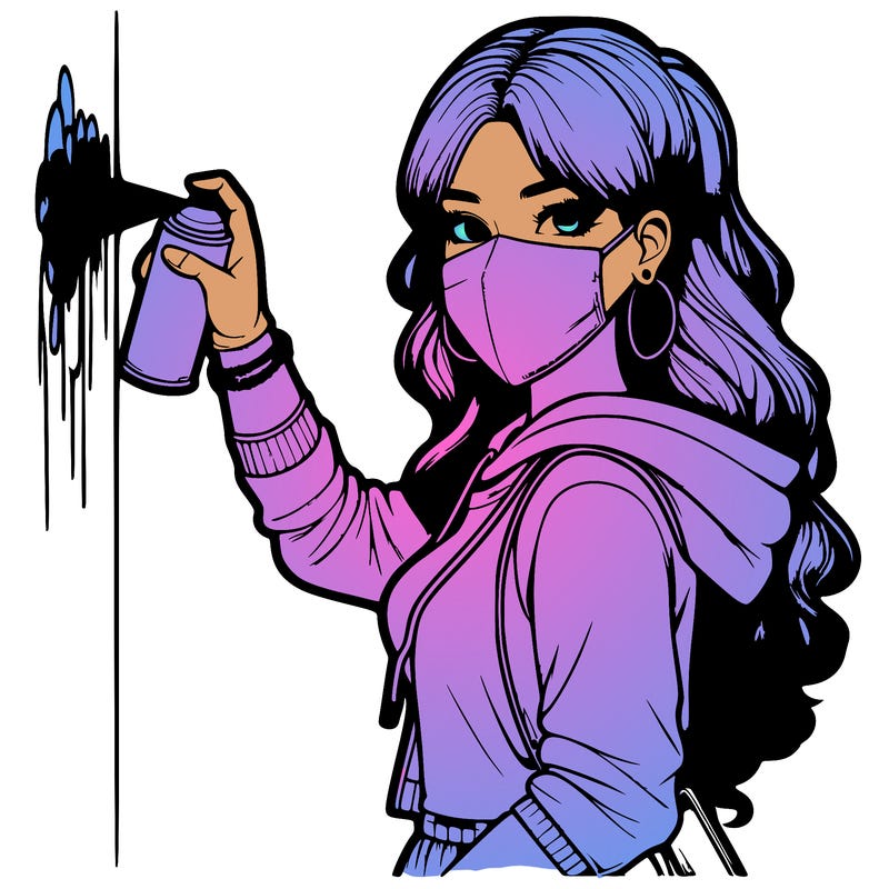 realistic girl with mask spray painting a wall