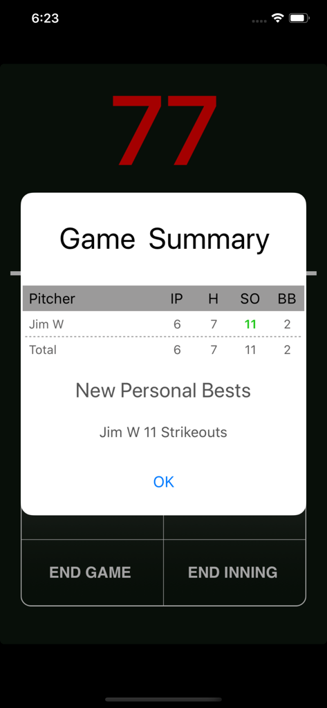Schermata del riepilogo della partita nell'app Pitches che mostra le statistiche del lanciatore e un avviso di nuovo record personale