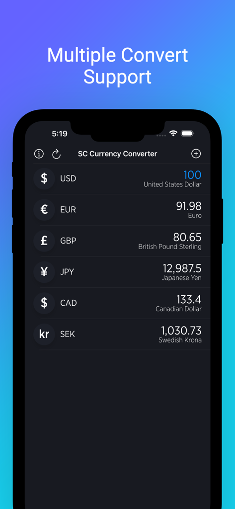 Converio - Money Calculator - Interface do aplicativo Converio mostrando várias conversões de moeda em uma tela de modo escuro, incluindo USD, EUR e GBP
