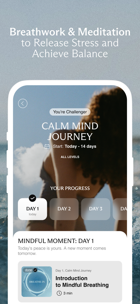 Swanly: Stretch & Mindfulness - Interfaz de la aplicación Swanly que muestra un Viaje de Mente en Calma de 14 días con sesiones de respiración consciente y meditación.