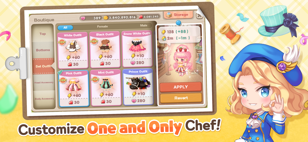 My Secret Bistro - Tela de personalização de personagens no My Secret Bistro mostrando várias roupas de chef em uma boutique