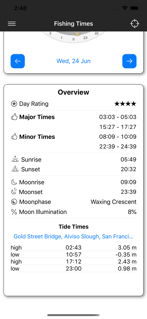Fishing Times Pro - Fishing Times Pro app displaying major fishing times moon phase and tide schedule