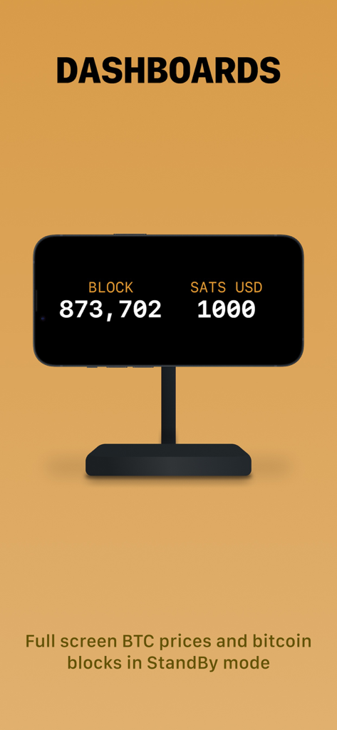 Block Screen: Bitcoin Widgets - Un iPhone en un soporte en modo StandBy mostrando estadísticas en vivo de la altura de bloque de Bitcoin y el precio de SAT a USD