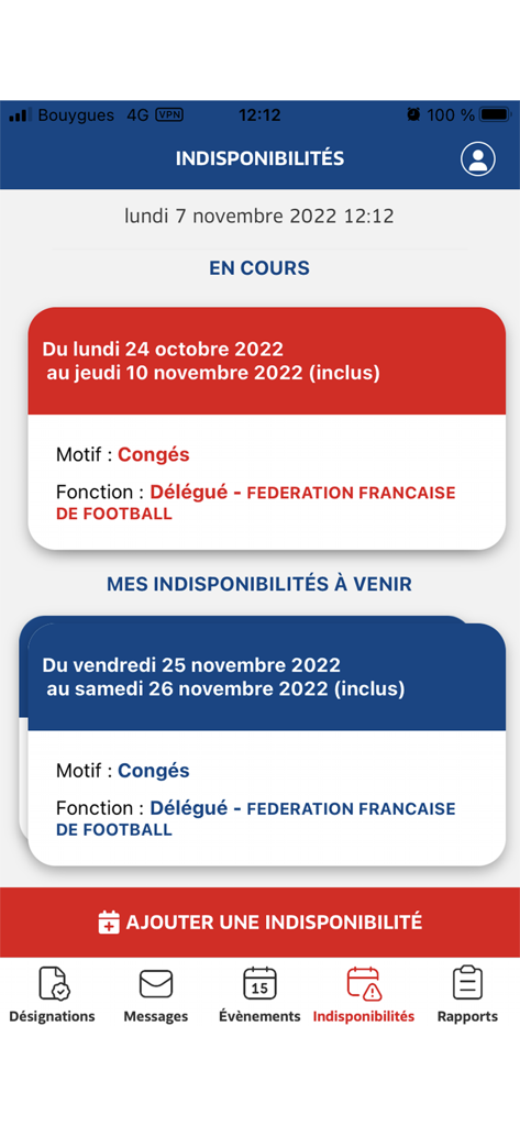 Captura de pantalla de la app Officiels FFF que muestra la interfaz de gestión de indisponibilidad para oficiales de fútbol