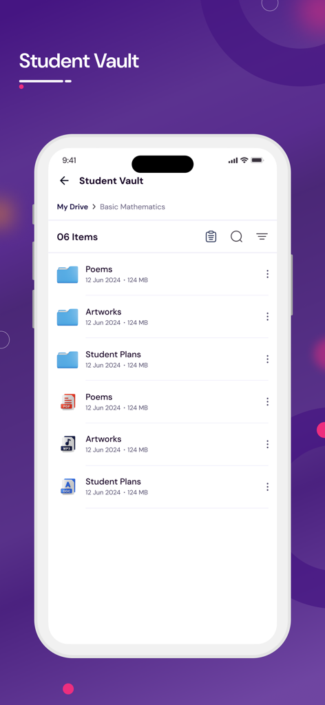 Phoenix Classroom - Phoenix Classroom app interface showing the student vault file management system