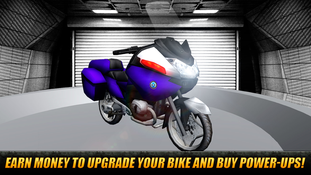 Moto Traffic Rider 3D: Speed City Racing - Una motocicleta morada en un garaje con texto explicando cómo mejorar motos y comprar potenciadores
