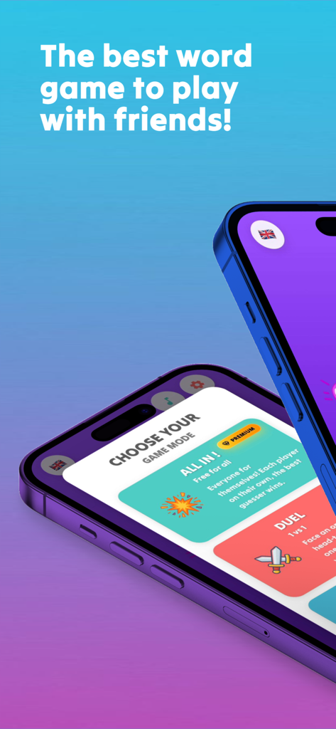 Wordigo : Play with friends - Captura de pantalla del juego de mímica Wordigo mostrando diferentes modos de juego en pantallas de iPhone