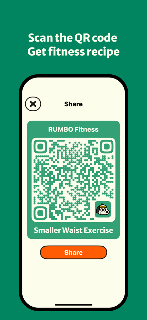 Rumbo Fitness - Rumbo Fitness app share screen featuring a QR code for a smaller waist exercise recipe