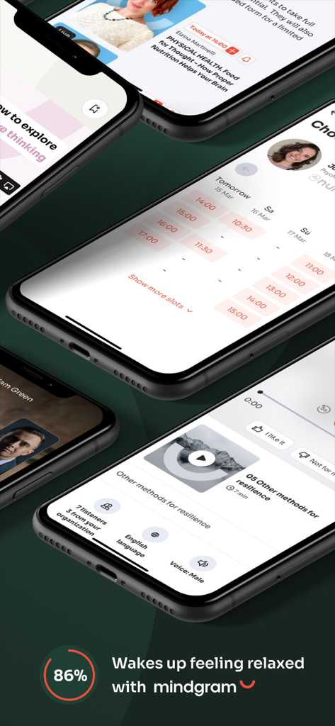 Mindgram - Mindgram mobile app interface showing a session booking schedule and a podcast about resilience methods.