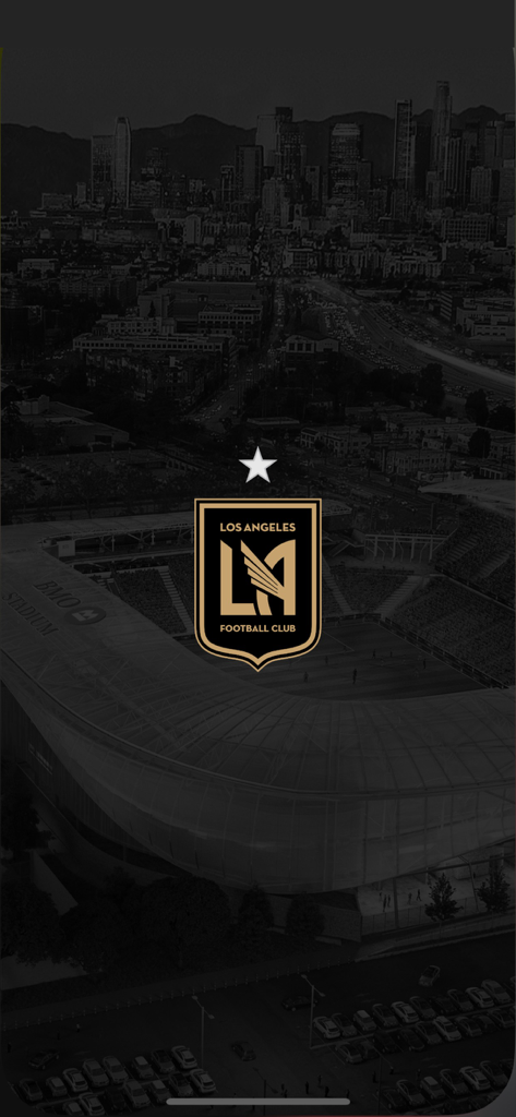 LAFC logo over a dark aerial view of a stadium and the Los Angeles skyline