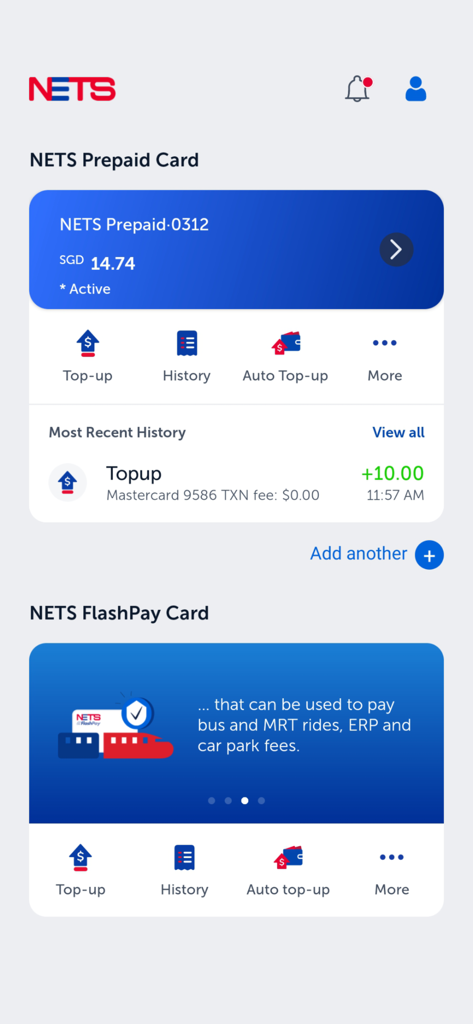 NETS App - Captura de tela do painel do NETS App exibindo o saldo de um cartão pré-pago e opções de gerenciamento.