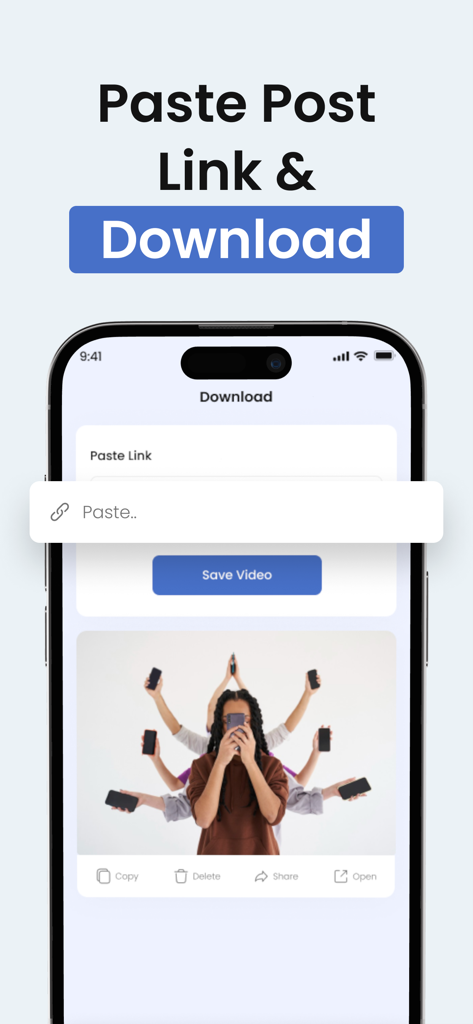 FSave mobile app interface for pasting video links and downloading content