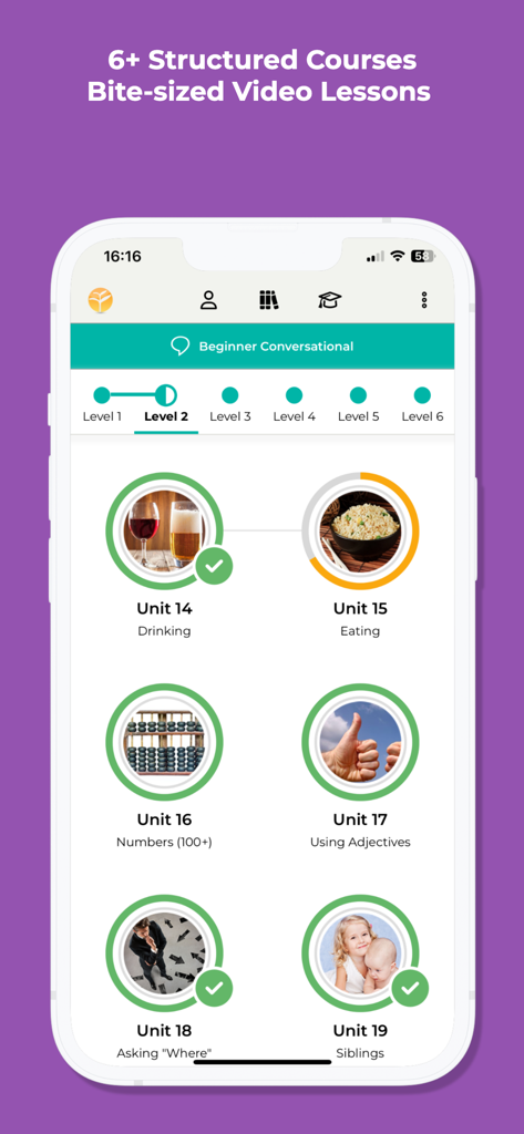 Yoyo Chinese: Learn Chinese - A mobile app screen showing the structured Mandarin curriculum levels and bite-sized lesson units for beginner conversational Chinese.