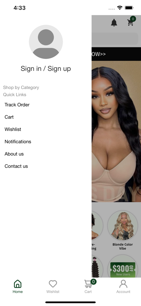 Klaiyi - The navigation sidebar menu of the Klaiyi Hair mobile app showing account and shop options