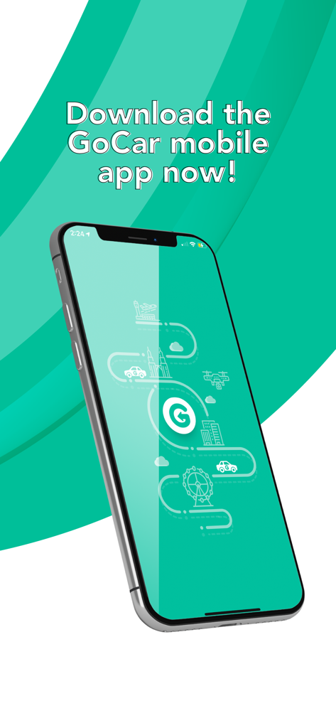 GoCar Malaysia - A smartphone displaying the GoCar Malaysia app splash screen with travel and city icons on a green background