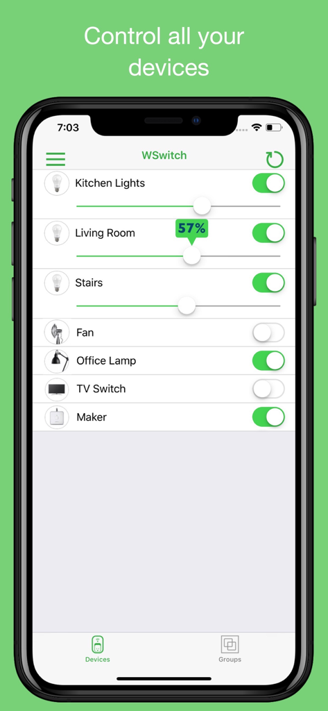 Dashboard of WSwitch app showing smart home device controls for lights and appliances