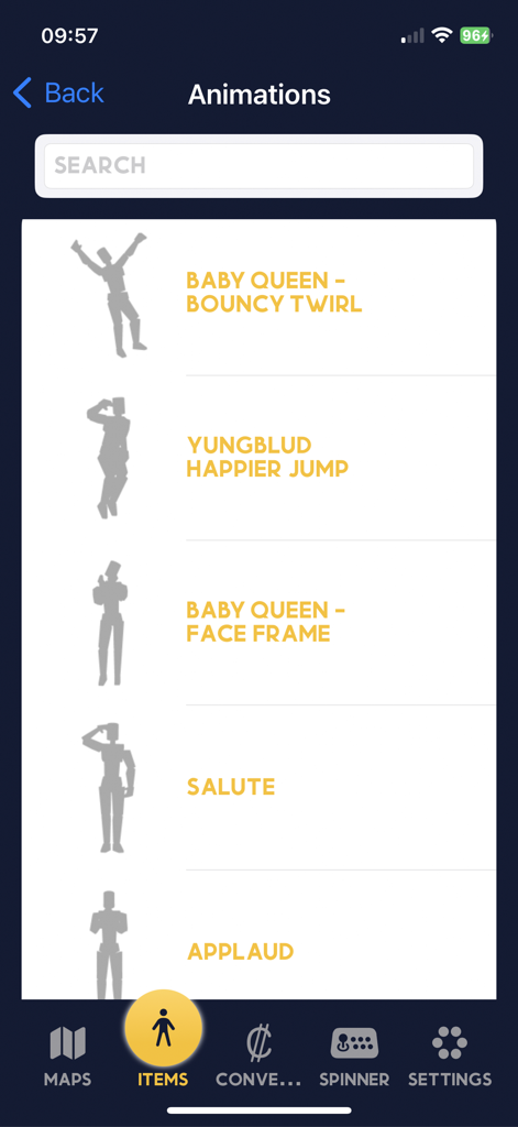 SkinBlox Master: Maps & Items - A list of Roblox avatar animations including Bouncy Twirl and Salute in the SkinBlox Master app