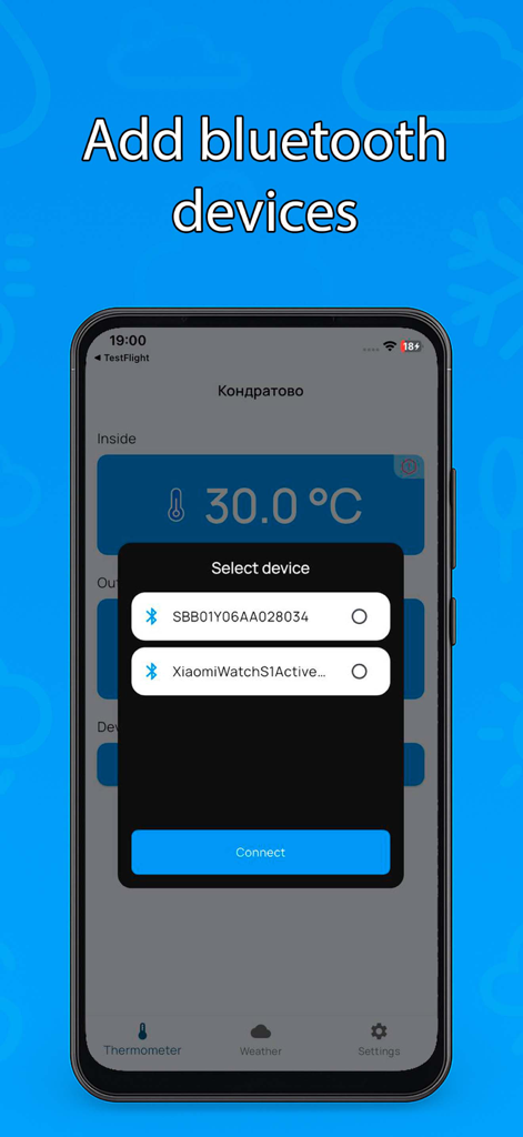 Smartphone screen showing a popup to select and connect external Bluetooth sensors for the thermometer app