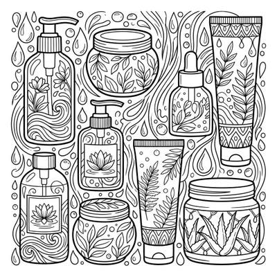 Discover a serene world of skincare with this detailed coloring page featuring beautifully designed hydrating creams, lotions, and gels. Perfect for beauty enthusiasts, this artistic escape combines the joy of coloring with the elegance of botanical designs.