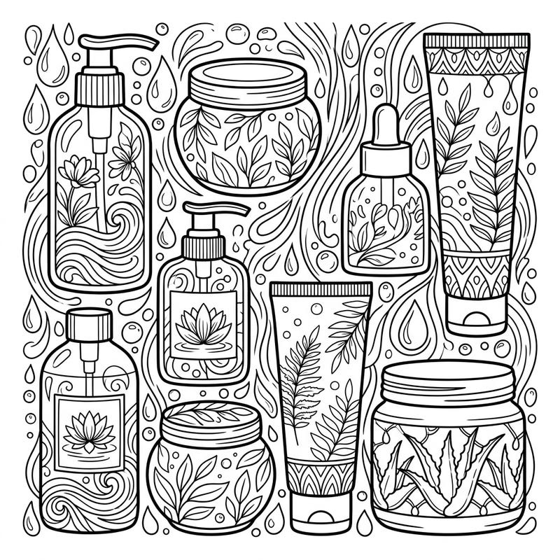 Discover a serene world of skincare with this detailed coloring page featuring beautifully designed hydrating creams, lotions, and gels. Perfect for beauty enthusiasts, this artistic escape combines the joy of coloring with the elegance of botanical designs.