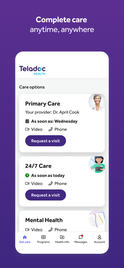 Teladoc Health - Teladoc Health app interface showing primary care and 24/7 care appointment options