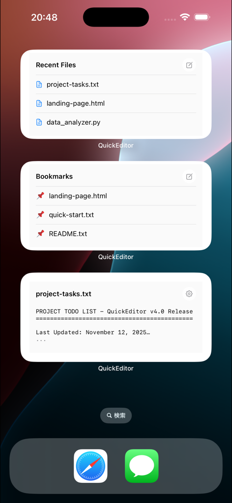 QuickEditor iOS home screen widgets showing recent files bookmarks and a project task list preview