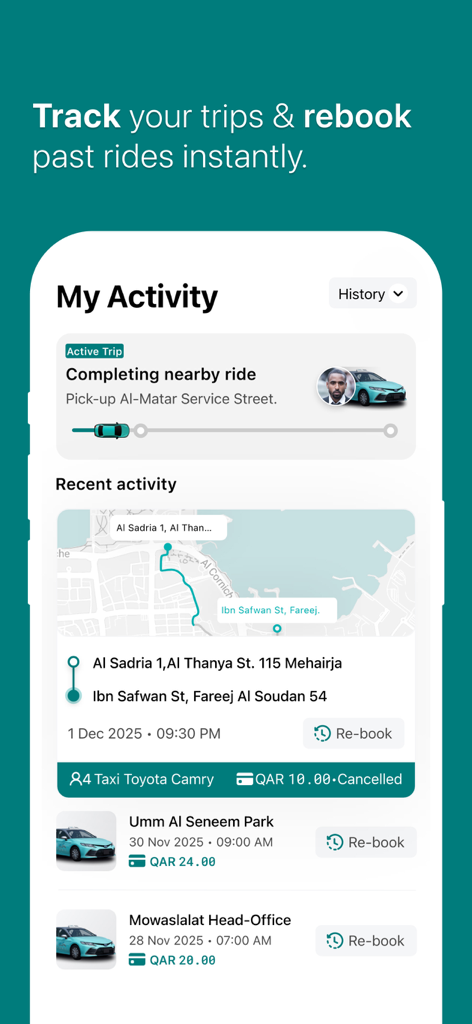Karwa Official app screen showing active trip tracking and recent ride activity with rebooking options
