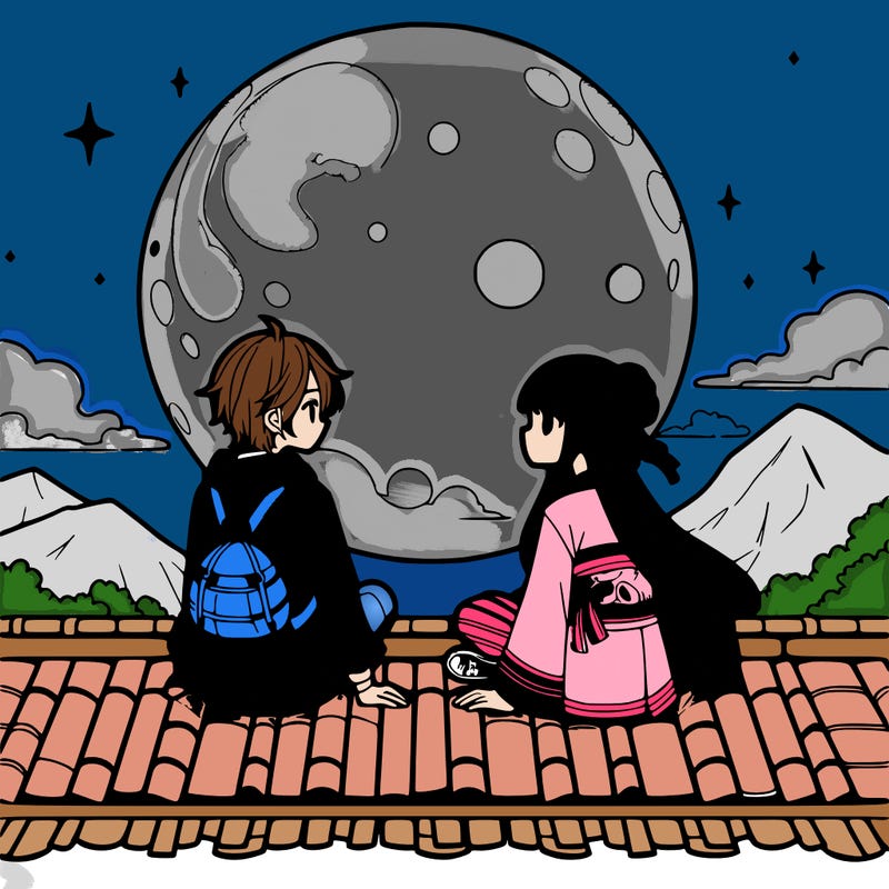 an anime girl sitting on a roof with her best friend looking at the beautiful big moon