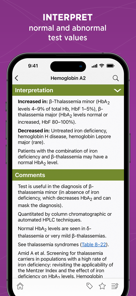 Pantalla móvil que muestra la interpretación clínica de los valores de prueba de Hemoglobina A2