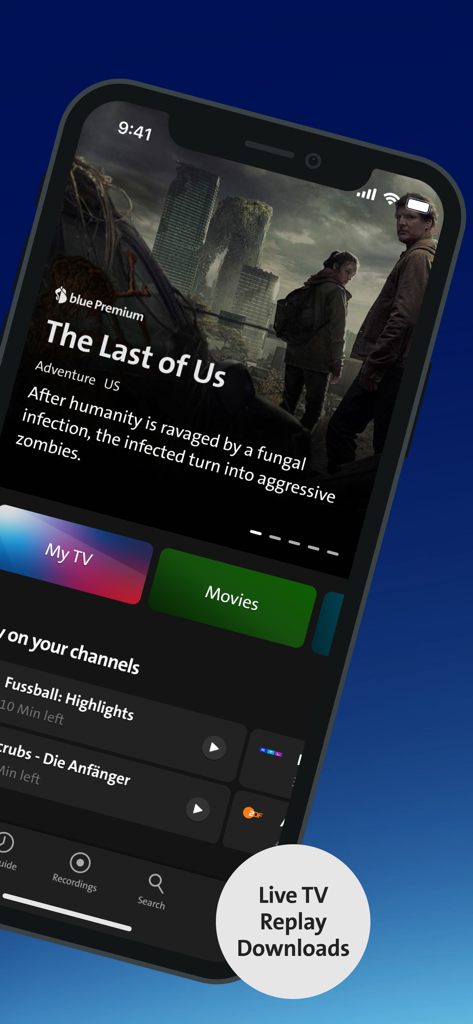 Swisscom blue TV - Swisscom blue TV Mobile App Benutzeroberfläche zeigt eine Premium-Serie und Live-TV-Senderoptionen