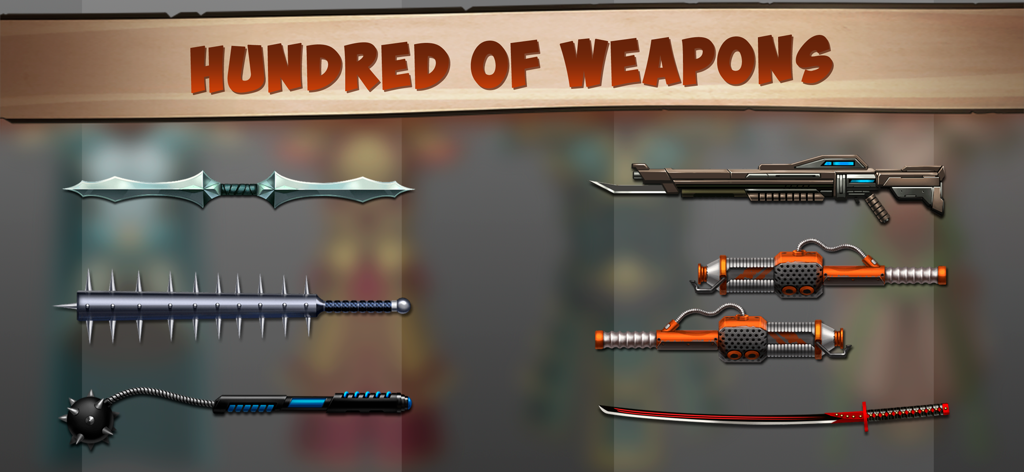 Eine Darstellung verschiedener Kampfkunst- und futuristischer Waffen aus dem Mobile Game Shadow Fight 2