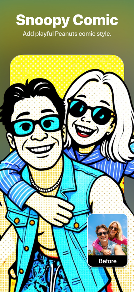 A photo of a couple transformed into a playful Snoopy comic style illustration using AI