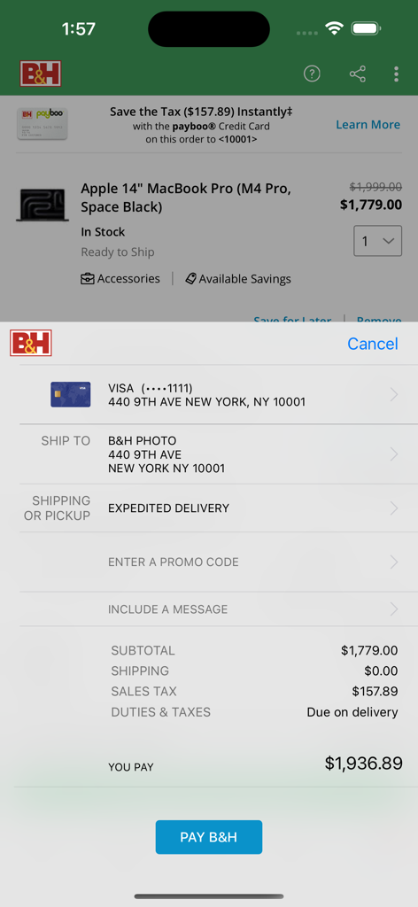 B&H Photo Video app checkout screen for an Apple MacBook Pro